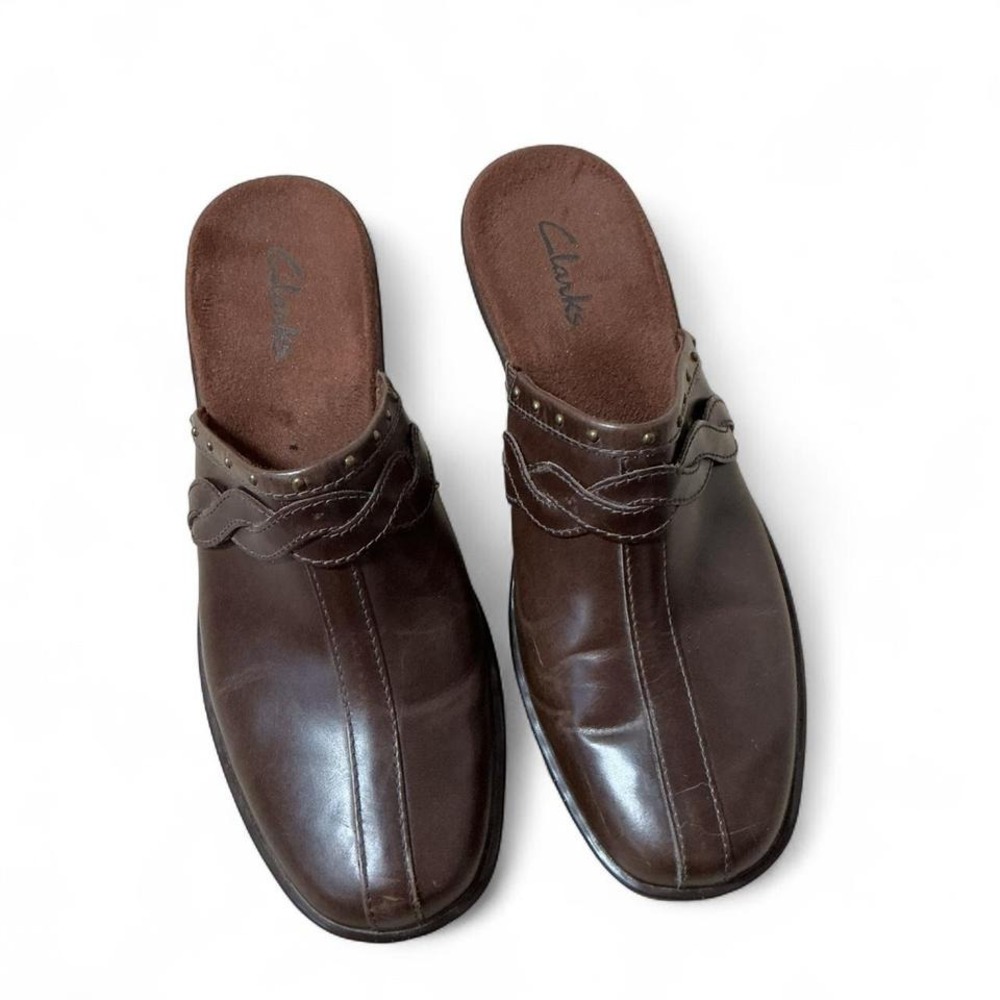 Clarks Brown Leather Mule Clogs Braided Detail Studded‎ Accent Comfortable Sz 9
